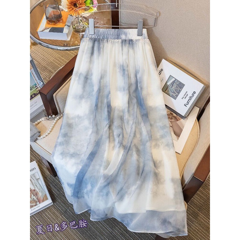 National fashion tie-dyed ink painting skirt fairy Super fairy Mori skirt women's summer small high waist mid-length gauze skirt