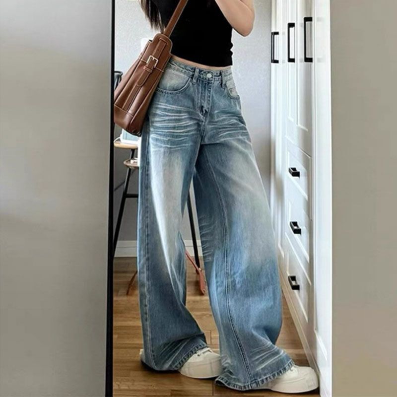 American Retro Wide-Leg Jeans for Women 2026 Summer New Style Washed Blue Loose Slimming Drape Straight-Leg Floor-Length Pants