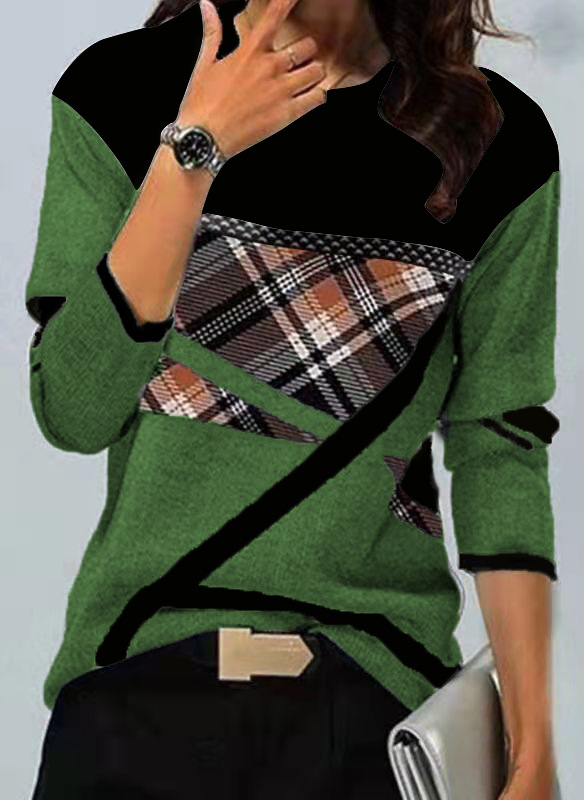 Ropa de mujer transfronteriza europea y americana compatible con varias plataformas, nueva camiseta de manga larga con cuello redondo y estampado de posicionamiento en contraste