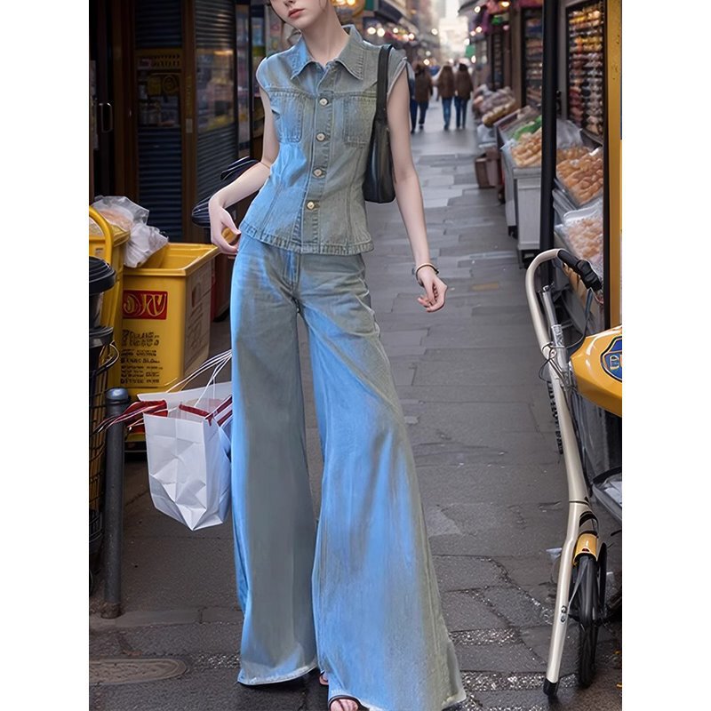 Blue Denim Waist-Cinching Vest 2025 Spring and Summer New Niche Faded Light High-Waisted Flared Raw Edge Wide-Leg Pants Set