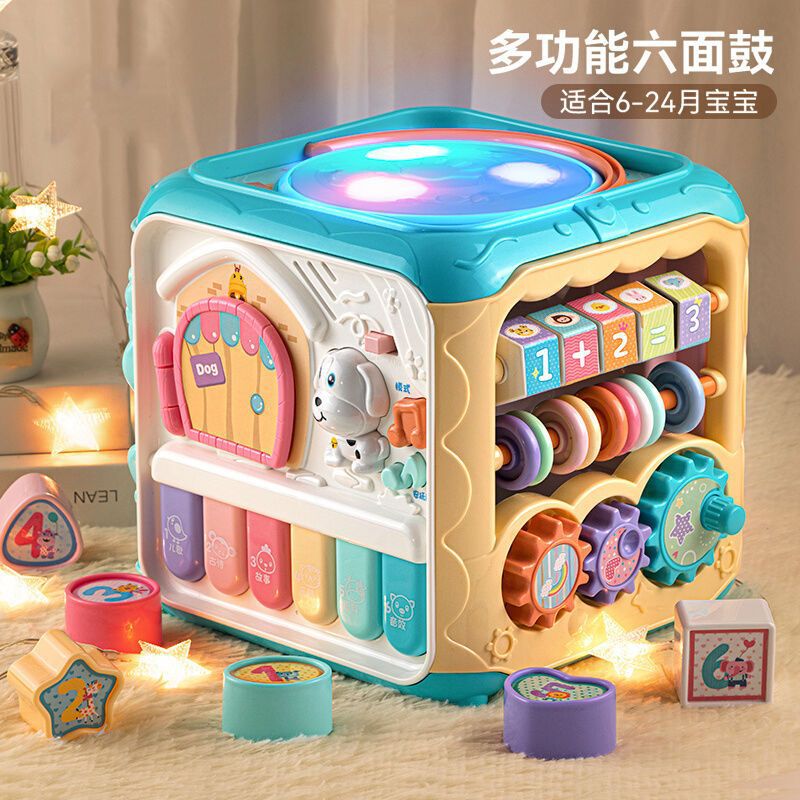 Baby hand drum multi-faceted toy 0-1 year old children's early education drum educational toy for 6-12 months old six-sided toy for babies