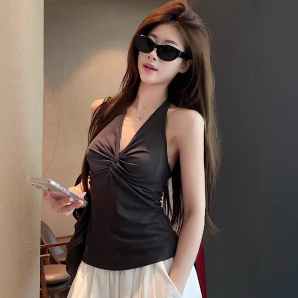 Sexy Hot Girl Ins-Style Sleeveless V-Neck Beautiful Back Twist Halter Top for Women, Summer Pure Desire Slim-Fit Base Shirt, Trendy Women's T-Shirt