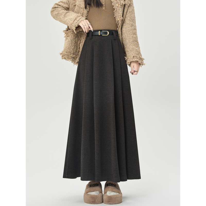 Woolen pleated skirt for women's autumn and winter new high waist covering hips to make them look slim mid-length drooping large hem skirt