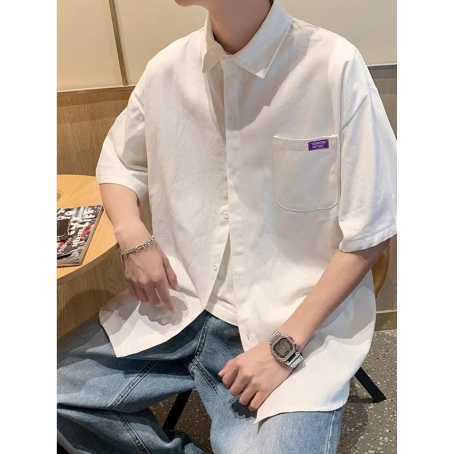 Japanese-Style Trendy Short-Sleeve Shirt for Men, Summer Solid Color Versatile Three-Quarter Sleeve Shirt, Student Casual Thin Jacket