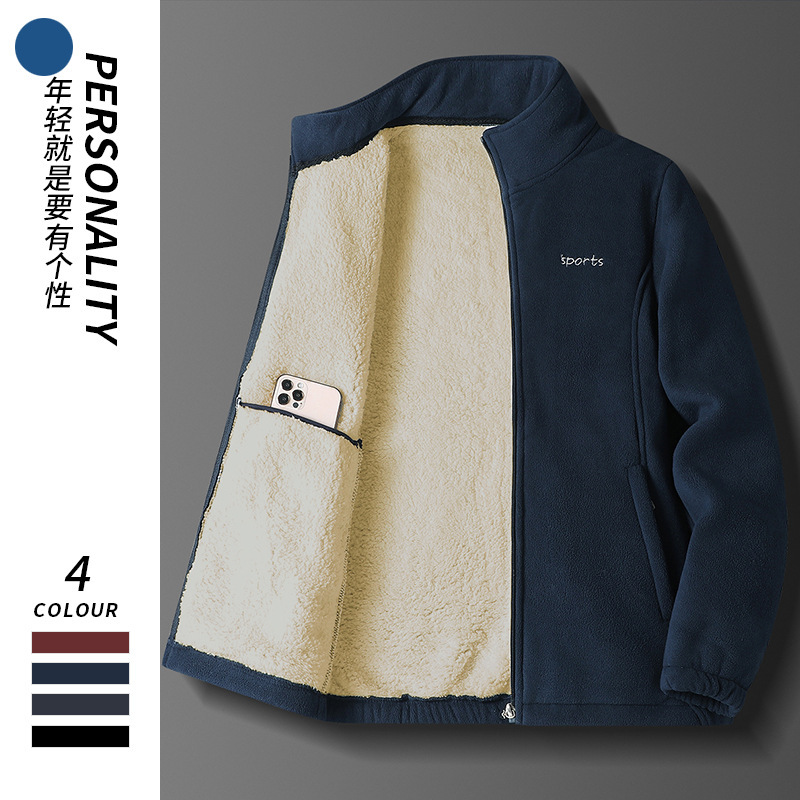 Classic Spring, Autumn, and Winter Fleece Lamb Wool Thickened Men's Jacket, Korean Style Fashion Outerwear, Fleece Coat, Black