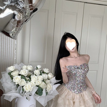 2025夏季新款法式亮片抹胸连衣裙收腰甜美风公主网纱蓬蓬裙