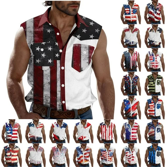 Cross-Border European and American New Style American Flag Independence Day Sleeveless Lapel Short-Sleeve Shirt Cardigan 3D Printed Trendy Fashion Brand