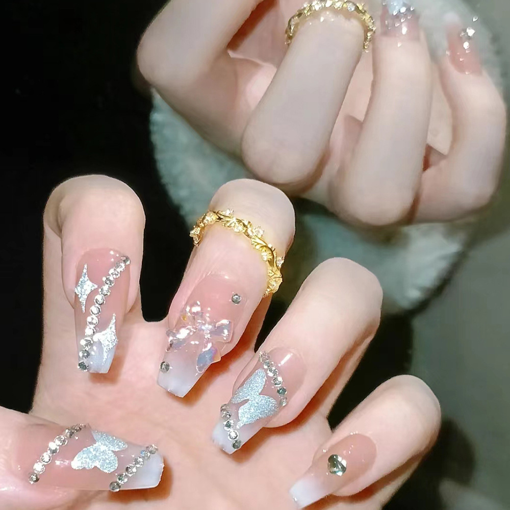 Desnudo perforación gradiente arco manicure polvo brillante mariposa amor cadena de perforación para usar uñas 24 piezas de parche de uñas