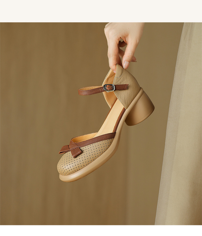 Sandal nữ bít mũi đục lỗ da cừu, quai ngang thắt nơ, gót vuông đế dày — Màu trắng be chi tiết 6