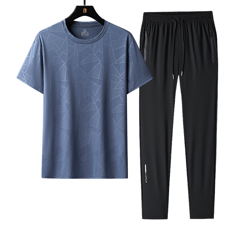 Traje de ocio deportivo para hombre de verano, seda de hielo, cuello redondo de secado rápido, pantalones de manga corta, camiseta para hombre, traje de dos piezas de gran tamaño de verano