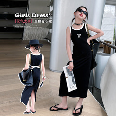 女童黑色露腰背心連衣裙2024夏季新款長裙子大兒童夏裝無袖吊帶裙