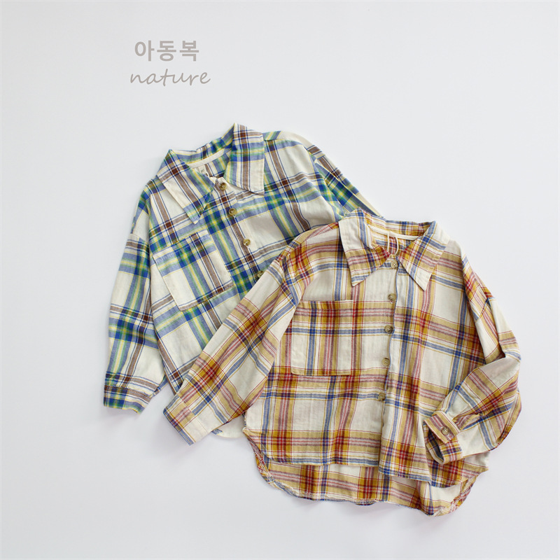 2026 Spring Children's Shirt Boys' Top Korean Style Loose Plaid Cotton Linen Baby Girls' Shirt Versatile