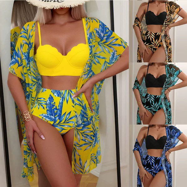 Amazon Cross-Border New Three-Piece Swimsuit for Women, Maple Leaf Print High-Waist Slim Bikini, Foreign Trade Swimsuit for Women