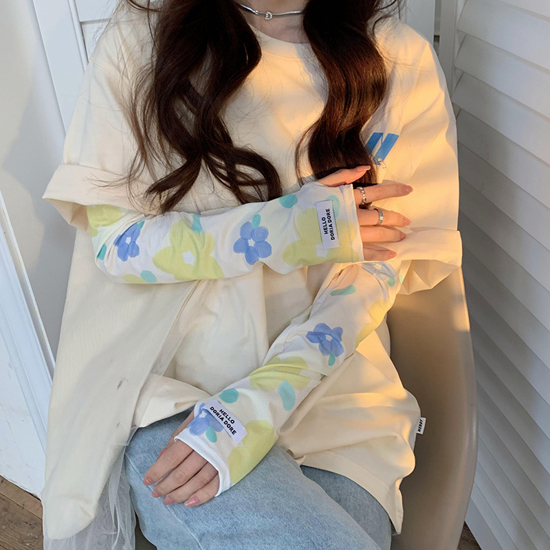 Verano protección solar hielo seda hielo manga mujer estilo coreano verano al aire libre Linda pequeña flor brazo protección UV protección hielo manga