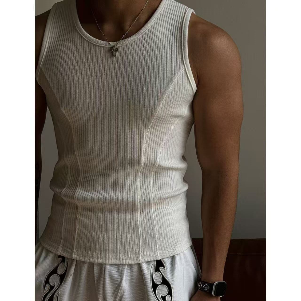 Chaleco en forma de I de estilo americano de verano para hombres, deportivo ajustado, acondicionamiento físico, hilo grueso, alto entrenamiento, elástico, transpiración