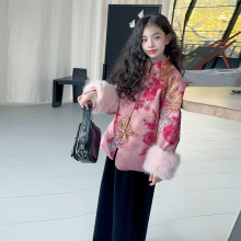 女童2025春款优雅气质新中式风外套提花毛毛袖上衣丝绒裙子两件套