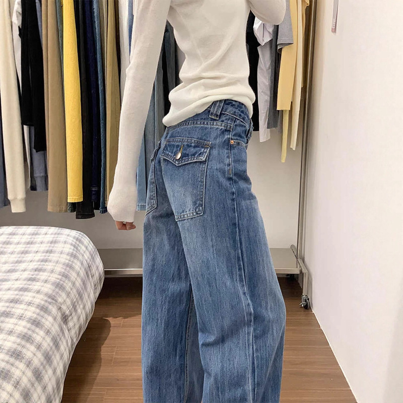 Retro Blue Straight Jeans for Women 2025 Autumn and Winter New American Retro Low-Waist Loose Slimming Look Floor-Length Pants
