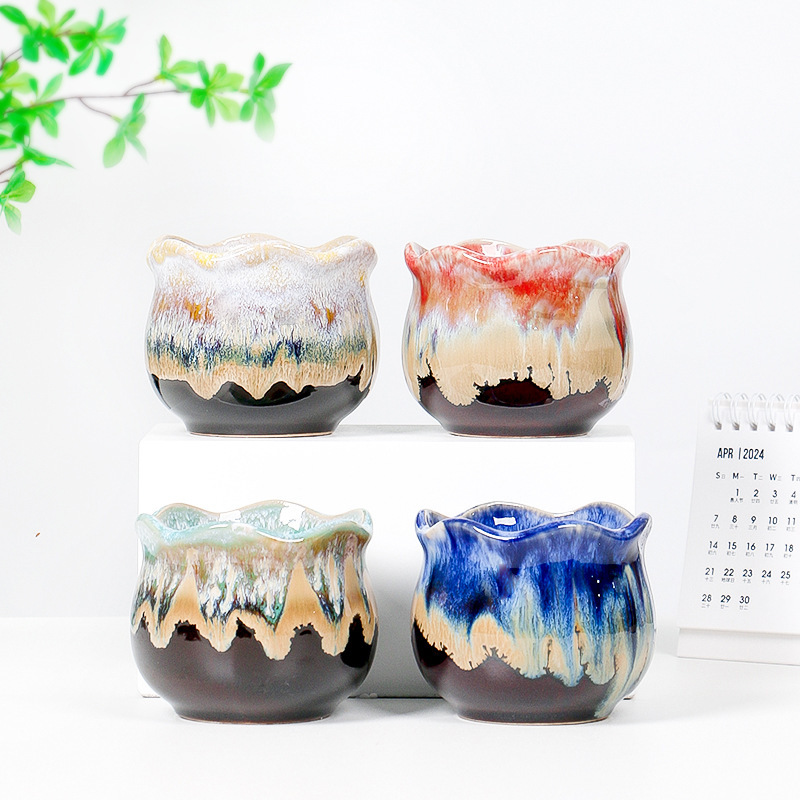 Succulent Flower Pot Set Ceramic Creative Stylish Coarse Pottery Meat Pot Home Balcony Simple Plant Pot Wholesale Customization