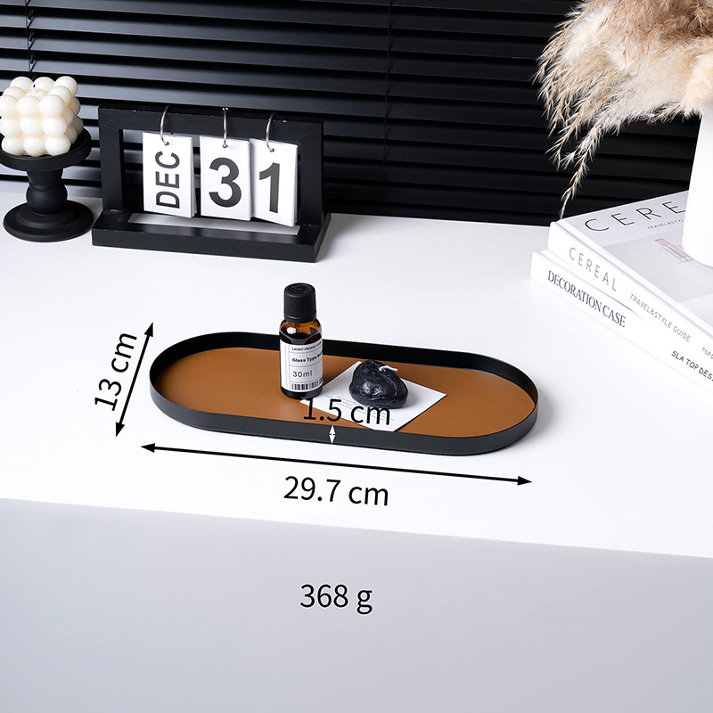 Ornamentación de metal creativa bandeja de decoración de escritorio bandeja de almacenamiento puerta de entrada bandeja de almacenamiento de cuero oblonga
