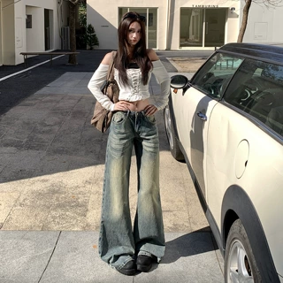 水洗做旧低腰阔腿牛仔裤女2025年冬季新款直筒宽松垂感显瘦拖地裤