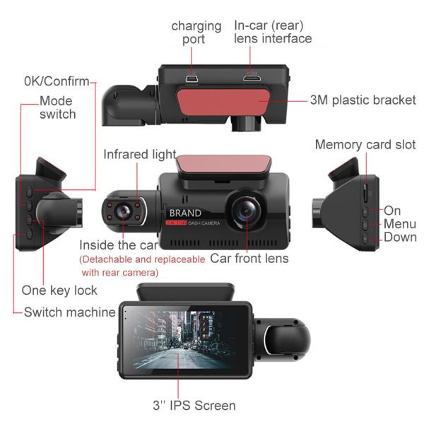 Hd a 68隠し360度ドライブレコーダ3インチipsスクリーン前後ダブルレンズバック映像1080p