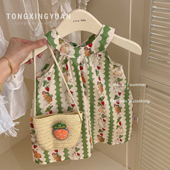 Children's Star Round Girls' Version Summer 2024 New Fashion Strappy Cartoon Rabbit Print Cotton Dress