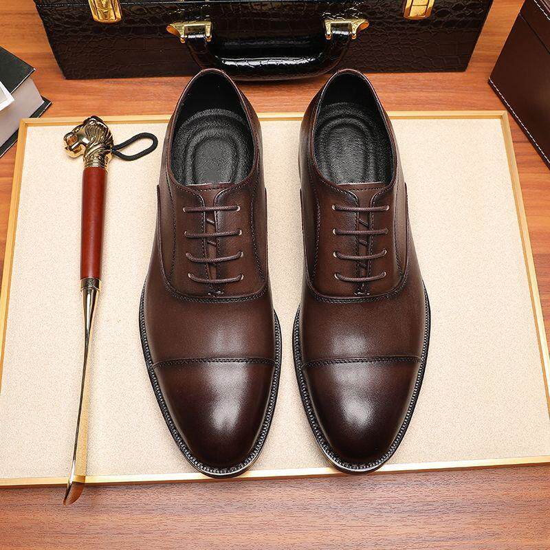 Giày da nam Oxford công sở mũi nhọn, giày da bò trang trọng buộc dây — Kinh doanh màu đen, Màu nâu phương Tây chi tiết 10
