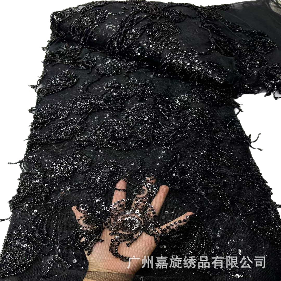 Capa redonda de alta calidad tubo de perlas tela de encaje de barba europea Xinjiang vestido de boda tela de encaje Beaded image 6