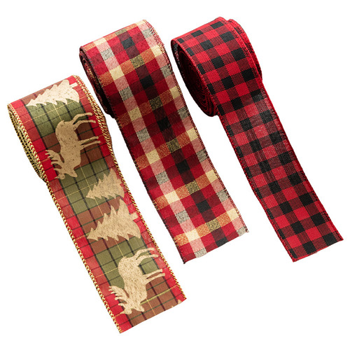 NUCHI Christmas Decorative Wire-Edged Red and Black Plaid Ribbon | Christmas Tree Accessories | Plaid Faux Linen Satin Ribbon