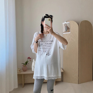 Korean Sweet Hot Mom Niche Design Lace Maternity Large Version Tee Summer Maternity Loose Age-Reducing Casual T-Shirt