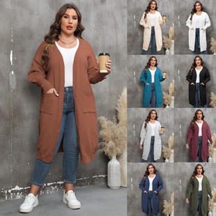 Women's Coat Cross-border Large Size Women's Loose Mid-length Woven Sweater Double Pocket Lantern Sleeve Sweater Cardigan