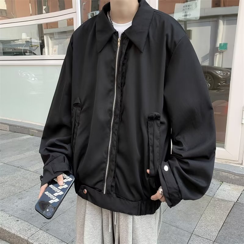Chaqueta de trabajo retro de calle suelta con cuello alto japonés para hombre, chaqueta superior con cremallera de diseño chic de primavera y otoño
