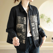 秋冬复古全棉长袖衬衣女夹棉加厚民族风贴布内搭衬衫上衣女装