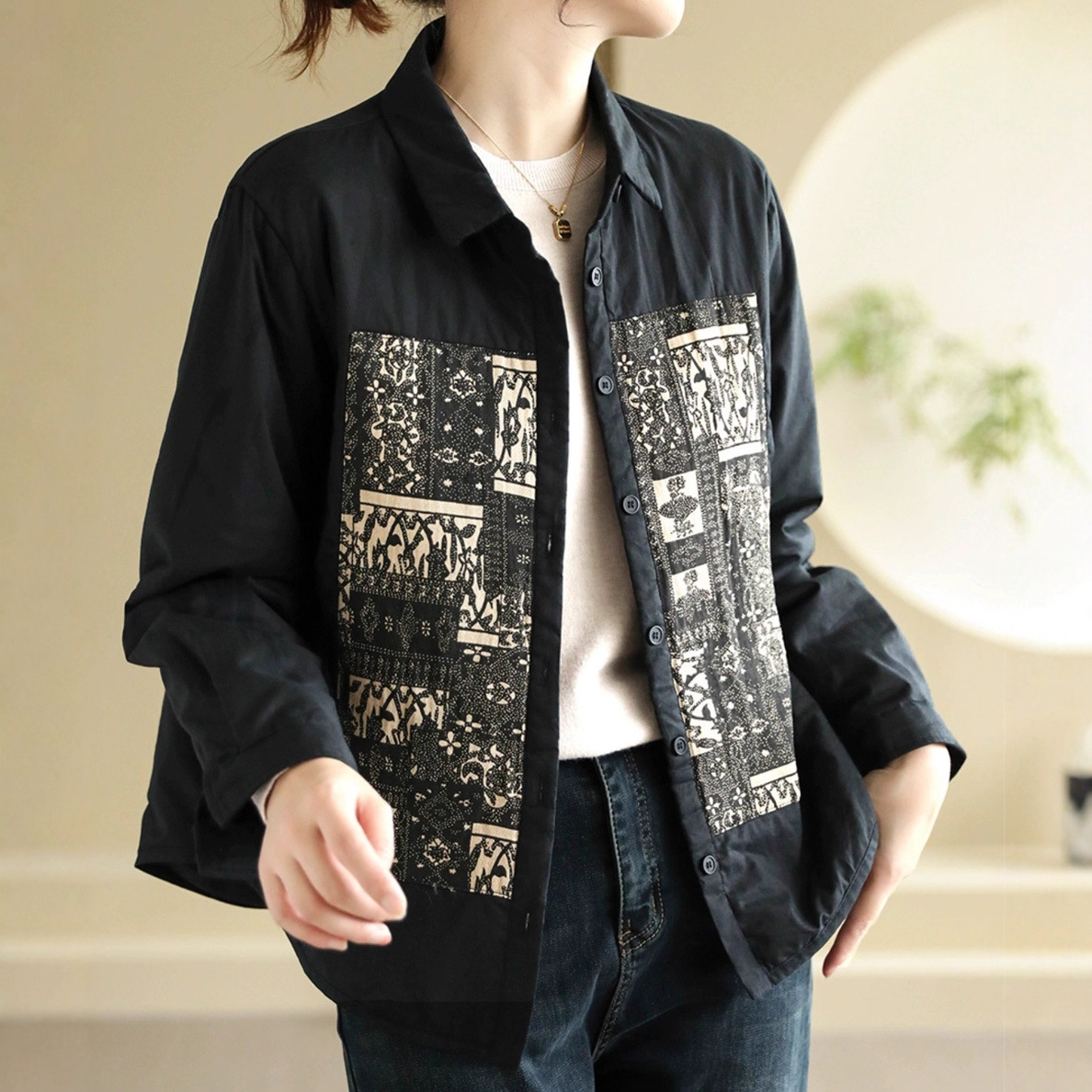 秋冬复古全棉长袖衬衣女夹棉加厚民族风贴布内搭衬衫上衣女装