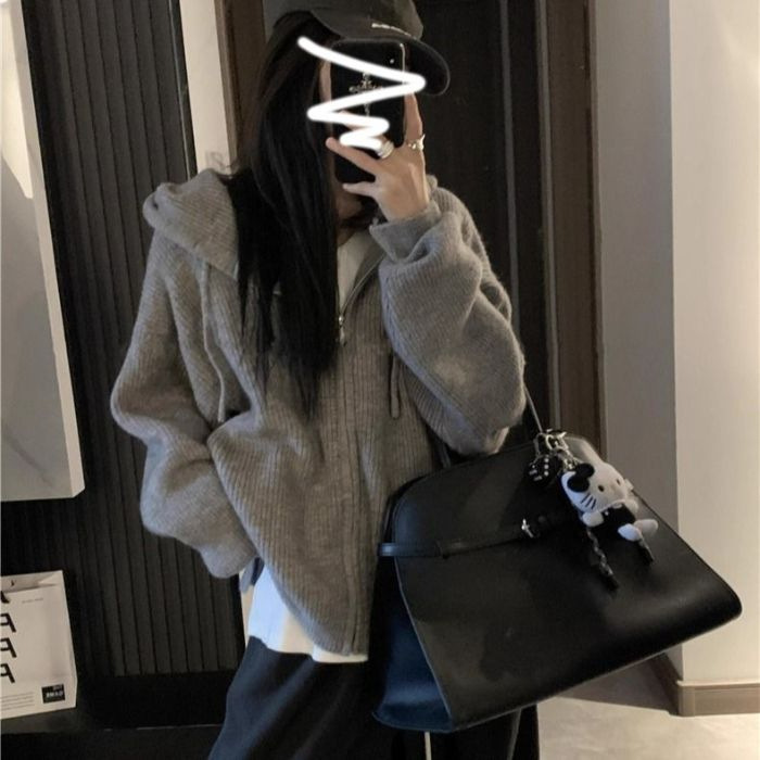 韩系连帽拉链毛衣女秋冬2025新款内搭慵懒高级感针织开衫卫衣外套|undefined