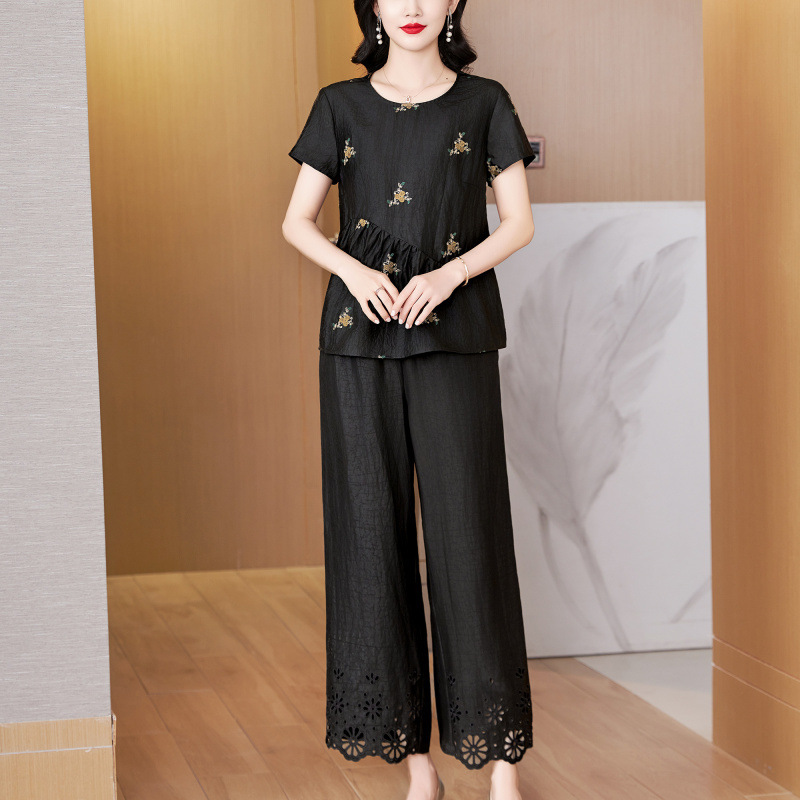 高品質大きいサイズ年齢を減らす中年女性の夏の新しいファッションシルクカメ柄トップ中空ワイドレッグパンツツーピーススーツ|undefined