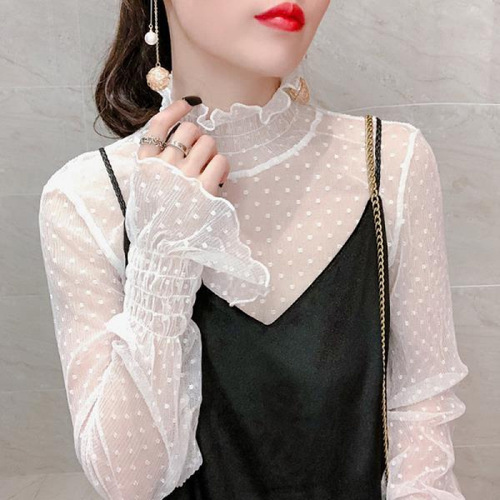 Lace Camisole Top for Women - Autumn/Winter New Style, Stylish Innerwear, Fairy Bellsleeve, Semi-High Collar, Polka Dot Net Dress Shirt