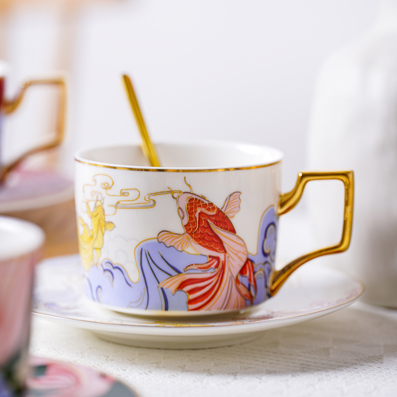 Estilo de moda Nacional de cerámica nuevo chino taza de café y platillo traje tarde taza de té con cuchara y platillo caja de regalo