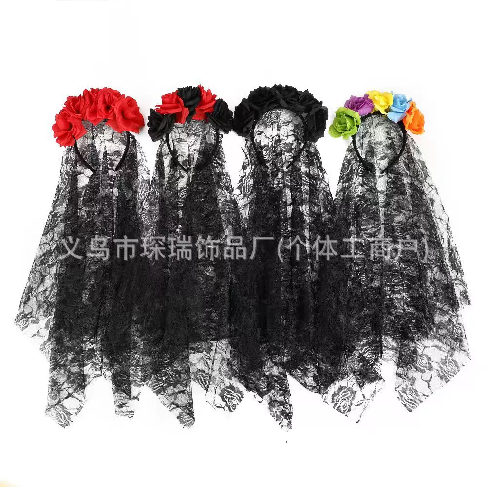 万圣节仿真玫瑰花发箍黑色蕾丝网纱发箍亡灵节暗黑头箍装扮道具