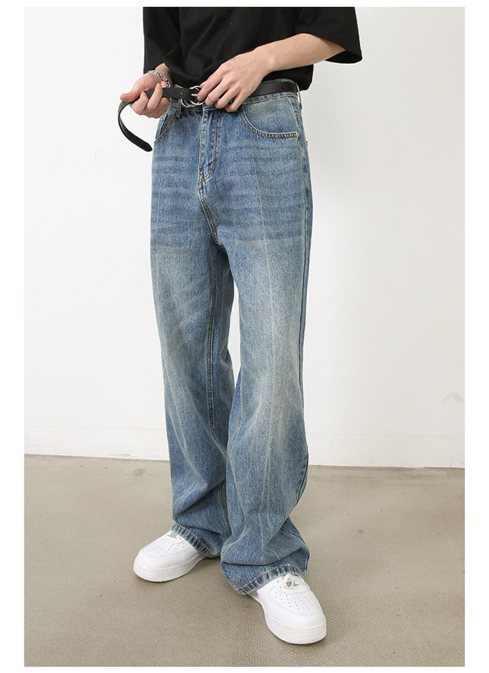 Quần jeans nam ống đứng dáng suông rộng, denim xử lý giặt retro phong cách Mỹ, quần dài mặc hằng ngày — Màu xanh lam chi tiết 12