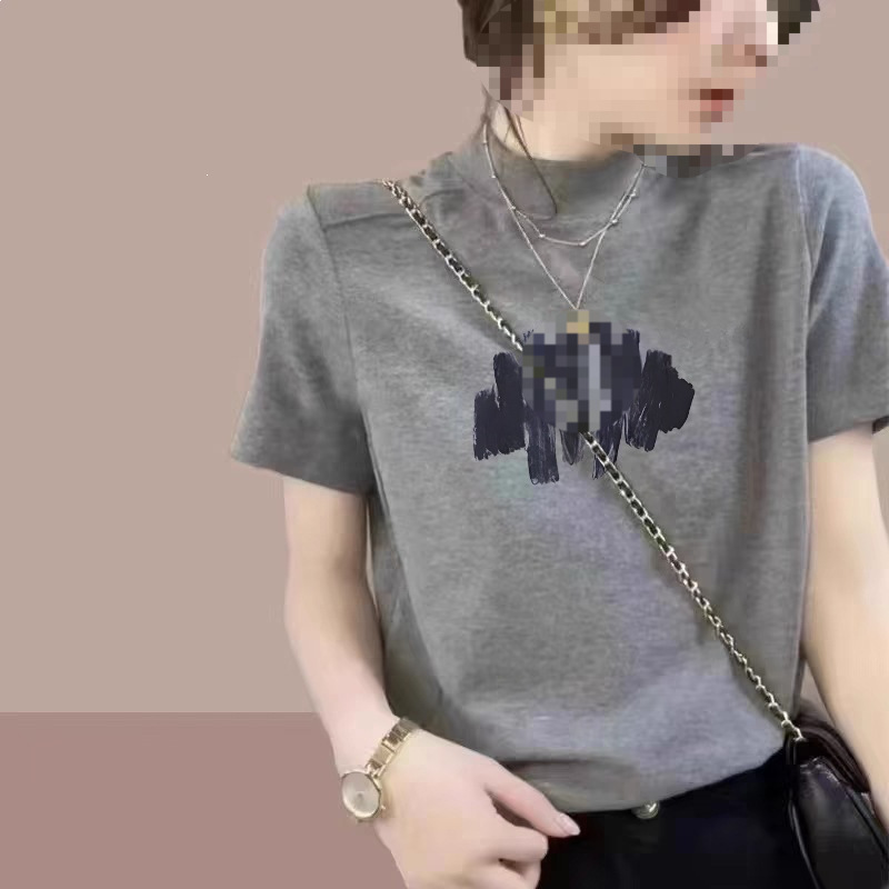 Stylish Half-High Collar Short-Sleeve T-Shirt for Women, Summer Pure Desire Style, Slim Fit, Slimming, Printed Pullover Top, Ins Stylish Half-High Collar Short-Sleeve T-Shirt for Women, Summer Pure Desire Style, Slim Fit, Slimming, Printed Pullover Top, Ins