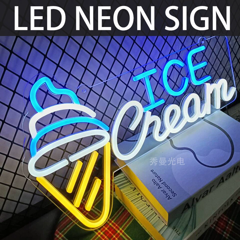 Неоновая вывеска «Мороженое» LED, рекламный световой щит, Ice Cream, ледяной напиток