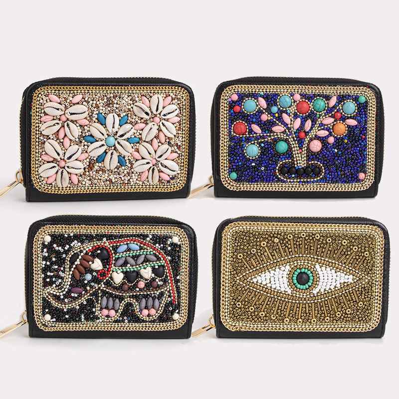 New Heavy-Duty Bohemian Style Rice Beads Butterfly Flowers Exquisite Pu Zipper Card Holder Compact Coin Purse Women's Square Bag