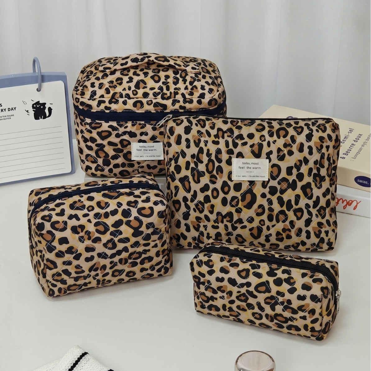 Cross-Border Polyester-Cotton Leopard Print Vertical Makeup Bag, Large-Capacity Travel Portable Toiletry Bag, Portable Makeup Storage Bag for Outings