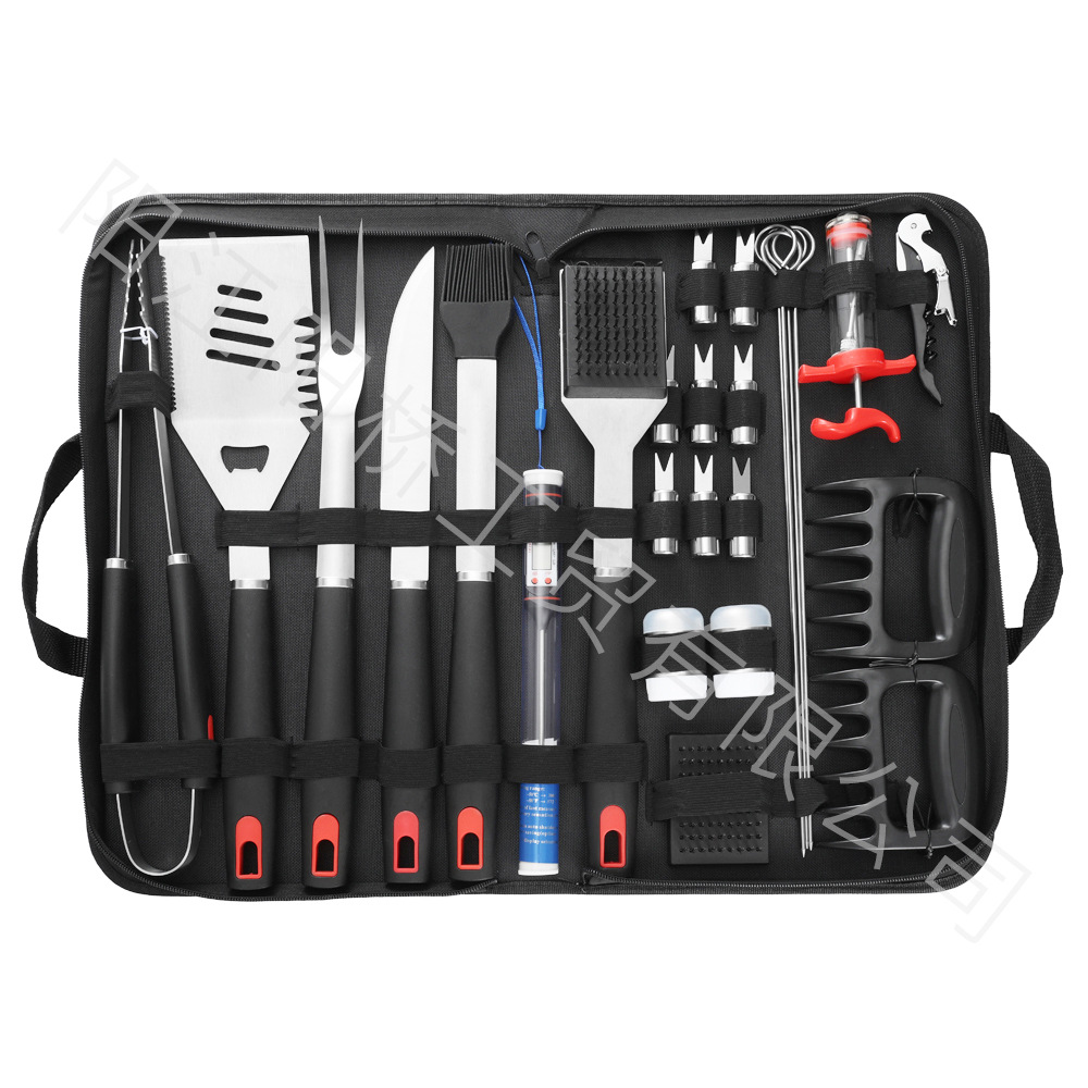 Fabricante Spot Herramientas para barbacoa Utensilios para hornear de acero inoxidable Bolsa de tela Juego de 26 piezas Combinación BBQ Camping Aparato para barbacoa al aire libre