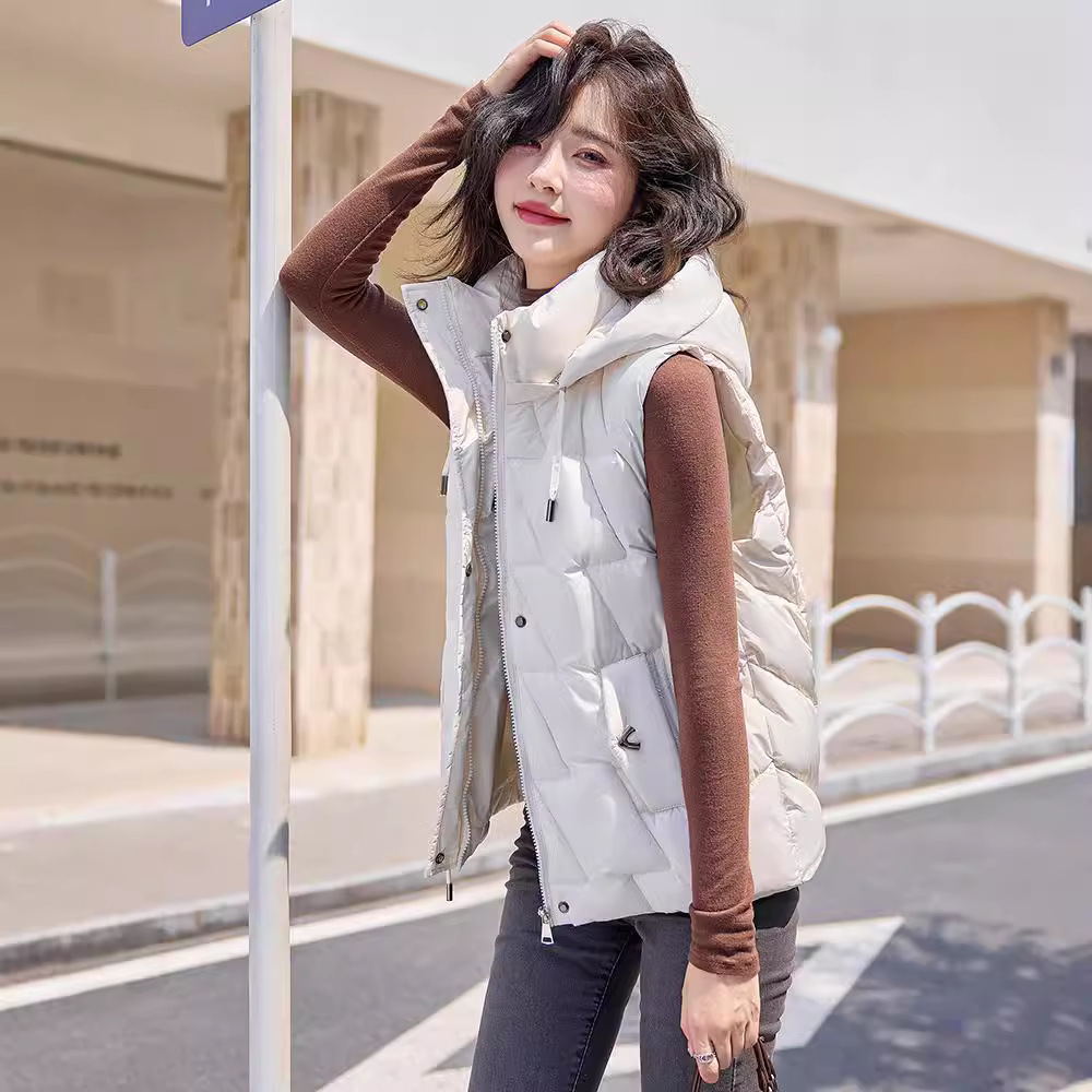 Chaleco de algodón de pluma para mujeres otoño y invierno 2024 nuevo estilo coreano con hombro encapuchado corto clip de caballo de algodón universal chaleco de abrigo