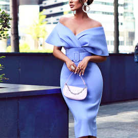 FD522现货秋季新款跨境时尚女装纯色性感气质V领收腰礼服连衣裙