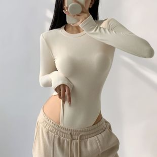 Fleece-lined basic Inner long-sleeved jumpsuit women's 2023 autumn and winter hot girl sexy tight slimming T-shirt top