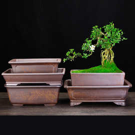 柴烧宜兴王飞紫砂花盆桌面精品马槽方形盆景室内假山文竹盆栽批发