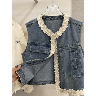 2025 Spring Trendy Lace Patchwork Denim Vest for Women with High-End Heavy Lace Embroidery Layered Vest